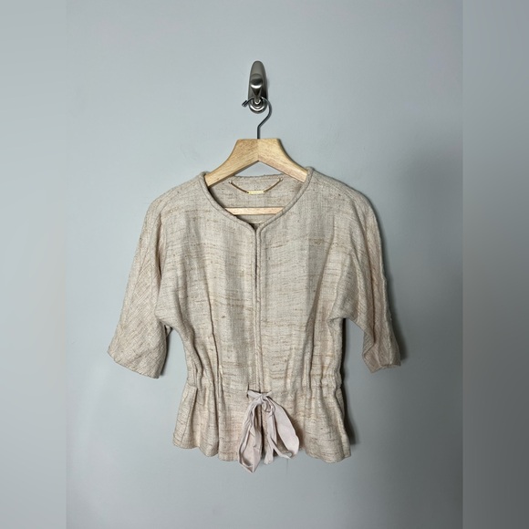 Trina Turk Woven Silk Blazer Jacket Neutral Tan Grosgrain Ribbon Tie Coat Q - Picture 1 of 11
